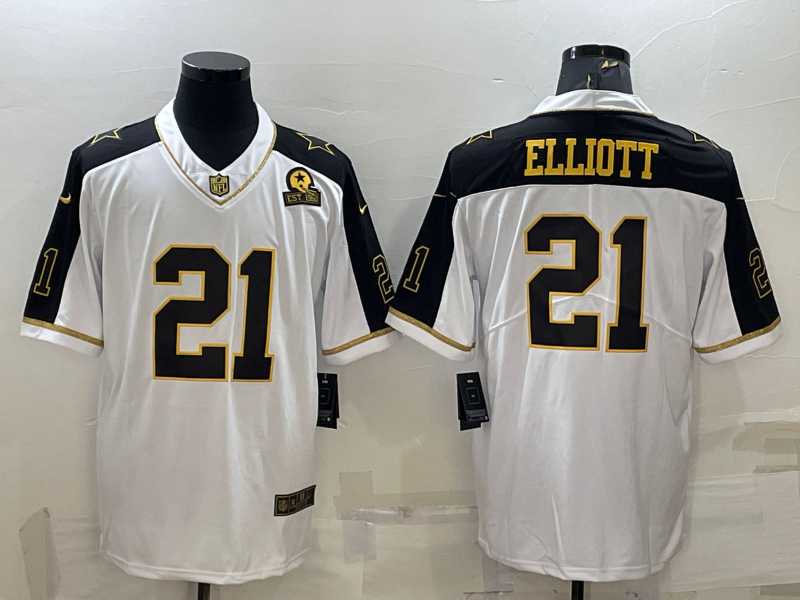 Mens Dallas Cowboys #21 Ezekiel Elliott White Gold Edition With 1960 Patch Limited Stitched Football Jersey
